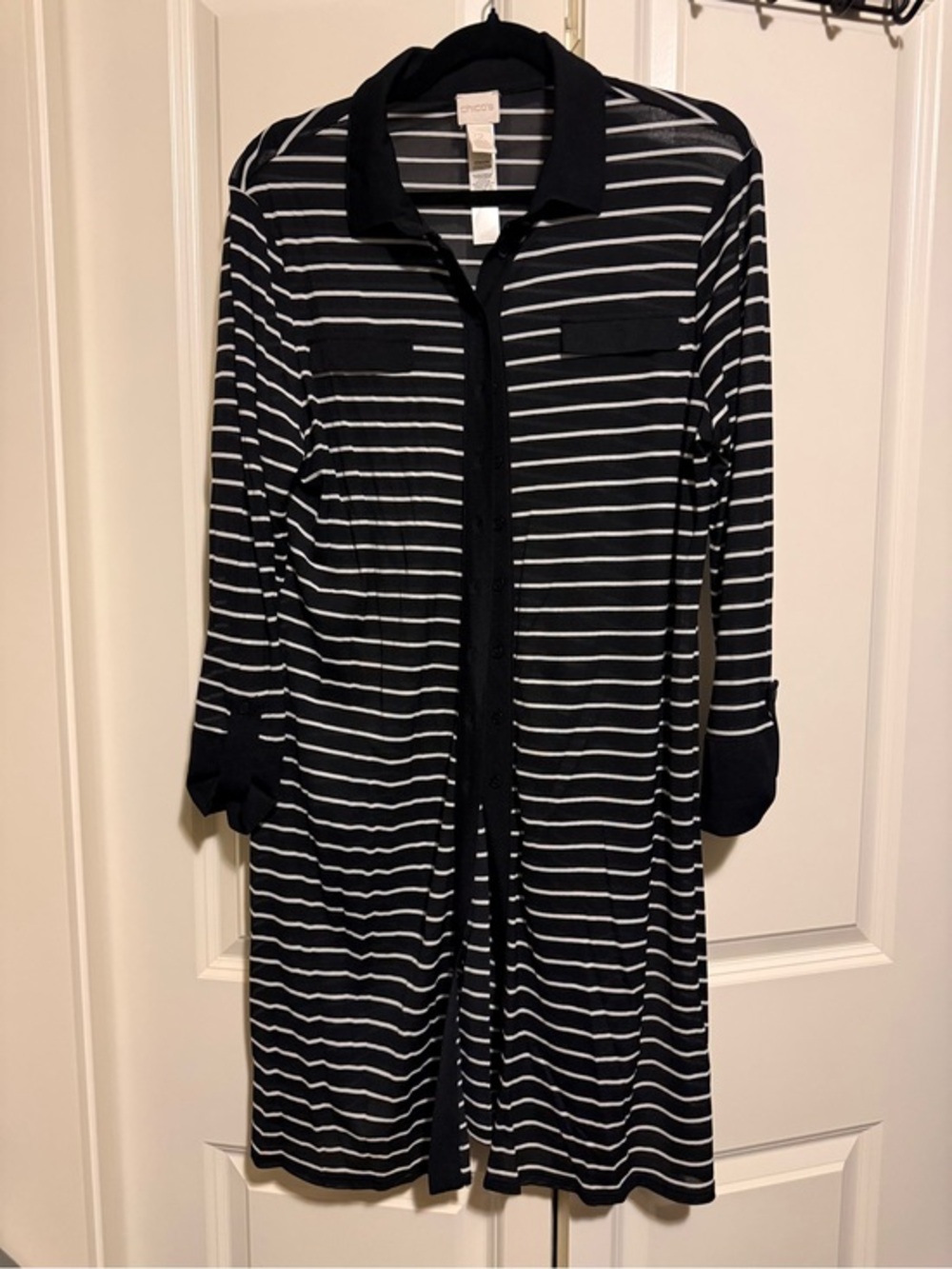 Chico's Black & White Striped Long Sleeve Duster